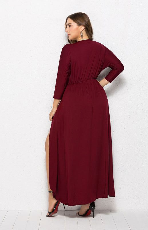 Plus Size Deep V Dress - Three Quarter Sleeve Knit Dress