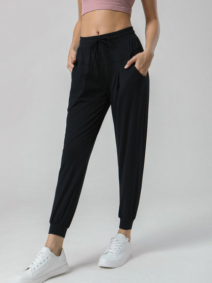 Women's Drawstring Waist Sports Stretch Pants - Nude Sweatpants Black