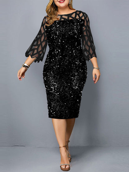Plus Size Sequin Dress - Three Quarter Sleeve Round Neck Dress Black