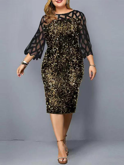 Plus Size Sequin Dress - Three Quarter Sleeve Round Neck Dress Golden