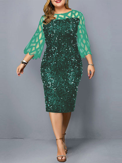 Plus Size Sequin Dress - Three Quarter Sleeve Round Neck Dress Green