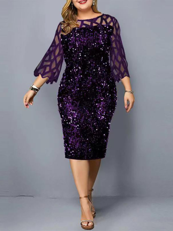 Plus Size Sequin Dress - Three Quarter Sleeve Round Neck Dress Purple