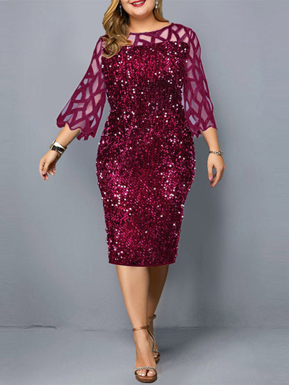 Plus Size Sequin Dress - Three Quarter Sleeve Round Neck Dress Wine Red