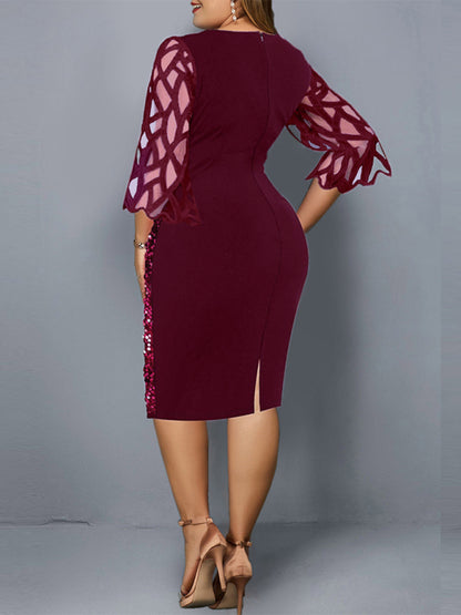Plus Size Sequin Dress - Three Quarter Sleeve Round Neck Dress