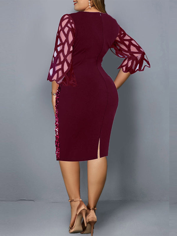 Plus Size Sequin Dress - Three Quarter Sleeve Round Neck Dress