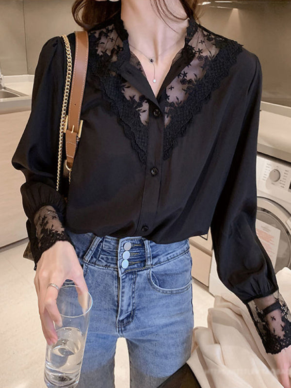 Lace Chiffon Panel Long Sleeve Top - Elegant Layered Blouse for Women Black