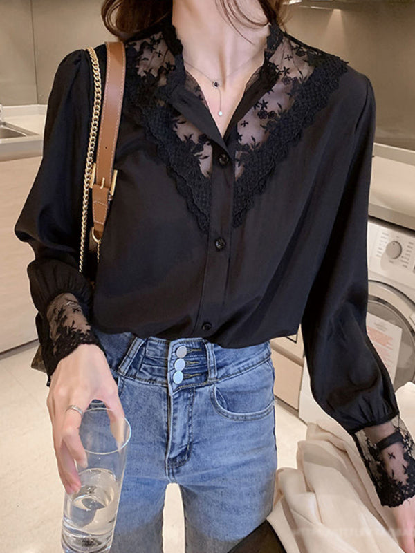 Lace Chiffon Panel Long Sleeve Top - Elegant Layered Blouse for Women
