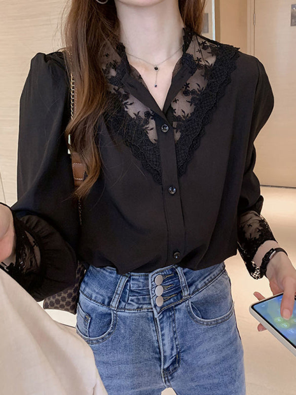Lace Chiffon Panel Long Sleeve Top - Elegant Layered Blouse for Women