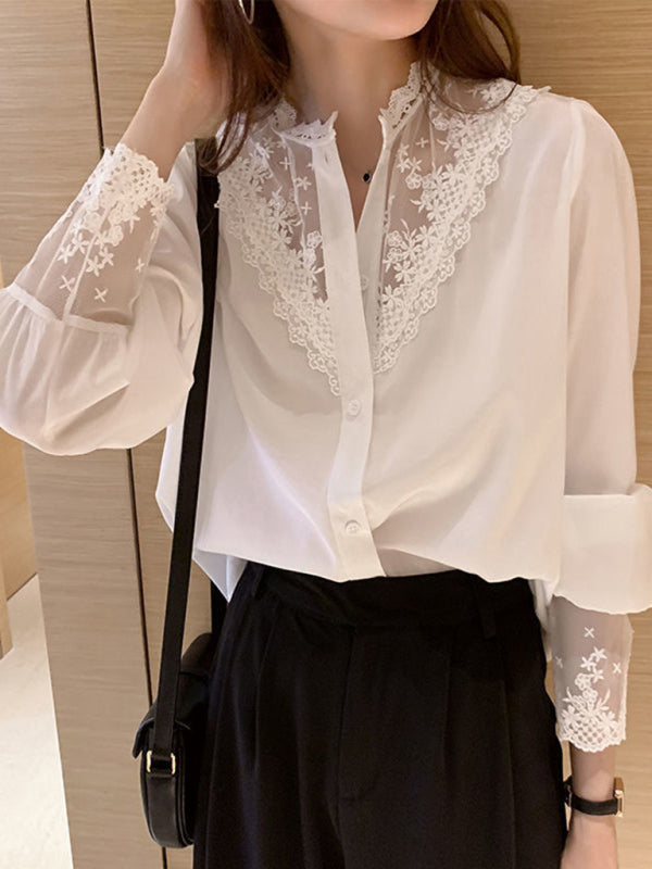 Lace Chiffon Panel Long Sleeve Top - Elegant Layered Blouse for Women