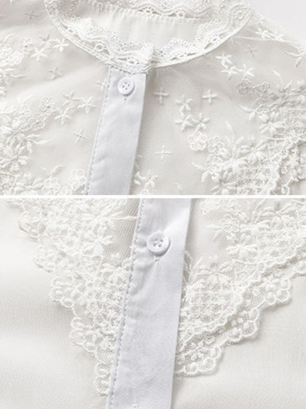 Lace Chiffon Panel Long Sleeve Top - Elegant Layered Blouse for Women