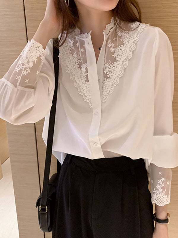 Lace Chiffon Panel Long Sleeve Top - Elegant Layered Blouse for Women Raw white off white