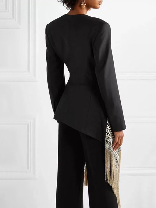 Women's Embroidered Jacquard Blazer with Tassel Hem - Professional Office Wear