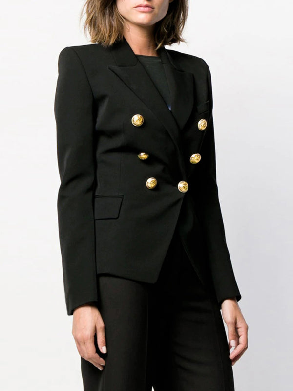 Women's Short Double-Breasted Blazer - Long Sleeve - Multiple Colors Black