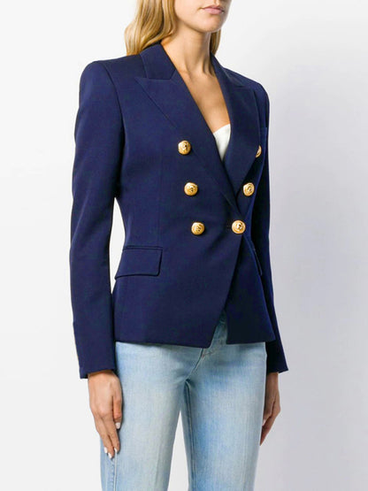 Women's Short Double-Breasted Blazer - Long Sleeve - Multiple Colors Royal blue