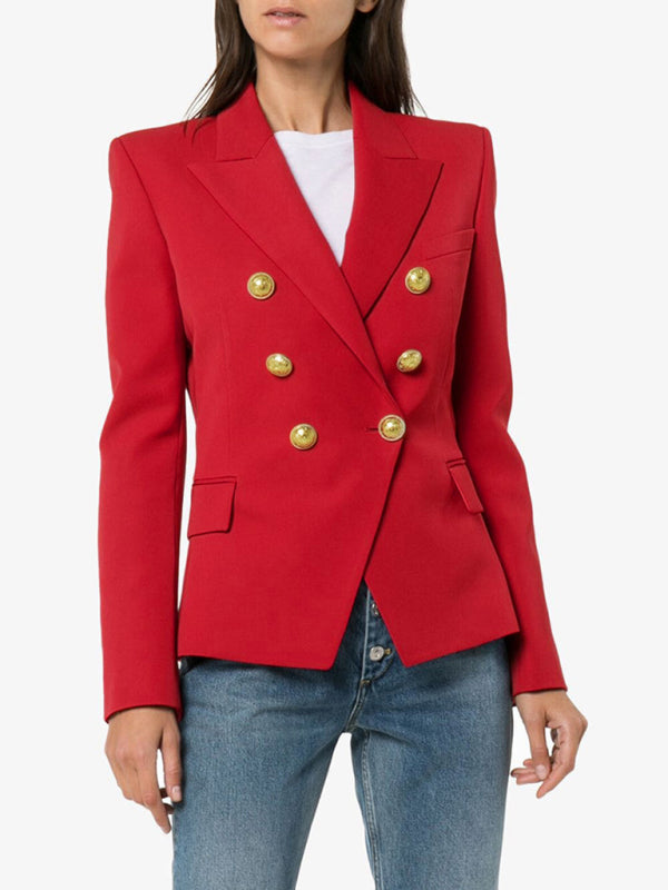 Women's Short Double-Breasted Blazer - Long Sleeve - Multiple Colors Red