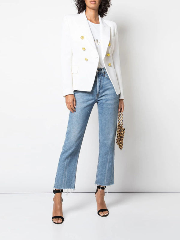 Women's Short Double-Breasted Blazer - Long Sleeve - Multiple Colors White