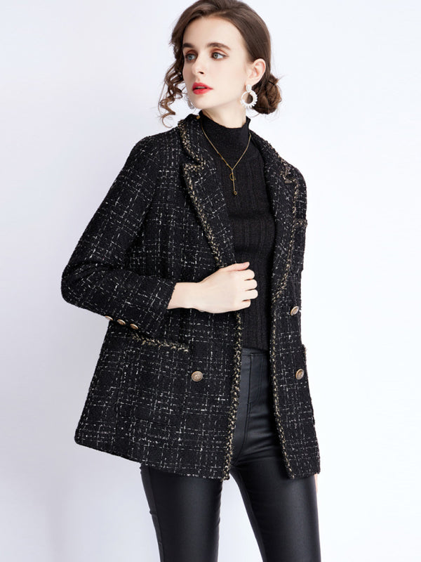Women's Tweed Blazer Jacket - Long Sleeve - Lapel Collar - Tartan Black