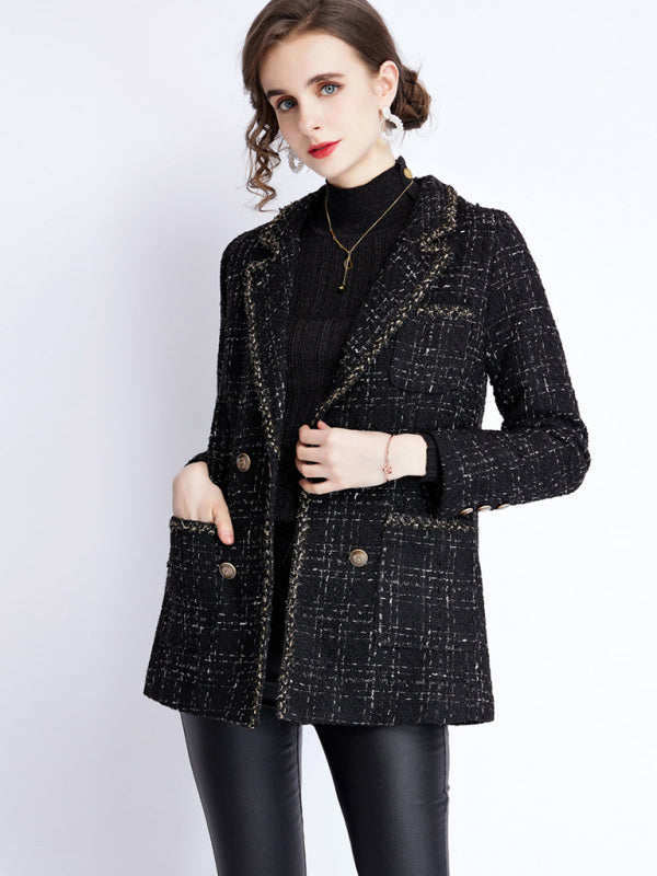 Women's Tweed Blazer Jacket - Long Sleeve - Lapel Collar - Tartan