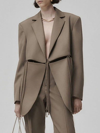 Women's Long Sleeve Blazer - Lapel Collar - Cotton Blend - Casual Khaki