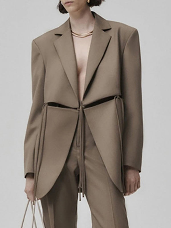 Women's Long Sleeve Blazer - Lapel Collar - Cotton Blend - Casual Khaki