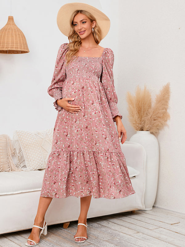 Chiffon Floral Dress - Long Sleeve Polyester Dress for Women Pink
