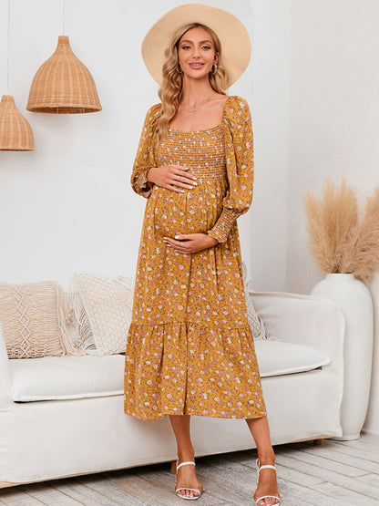 Chiffon Floral Dress - Long Sleeve Polyester Dress for Women Yellow