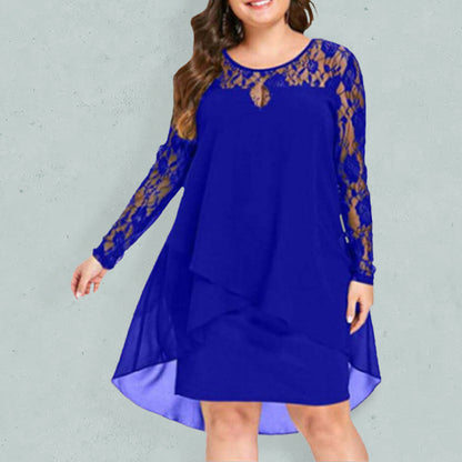 Plus size lace sleeve long sleeve splicing round neck irregular chiffon dress Blue