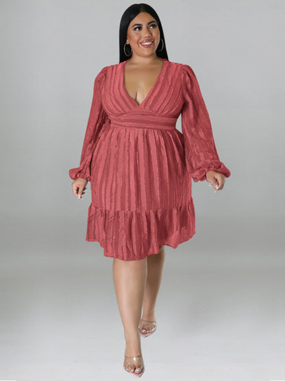 Plus size jacquard V-neck striped long-sleeved dress Brick red