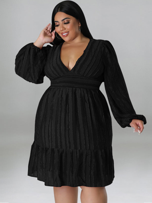 Plus size jacquard V-neck striped long-sleeved dress Black