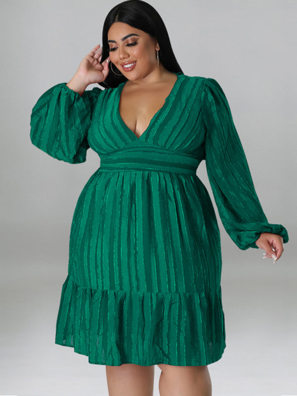 Plus size jacquard V-neck striped long-sleeved dress Green