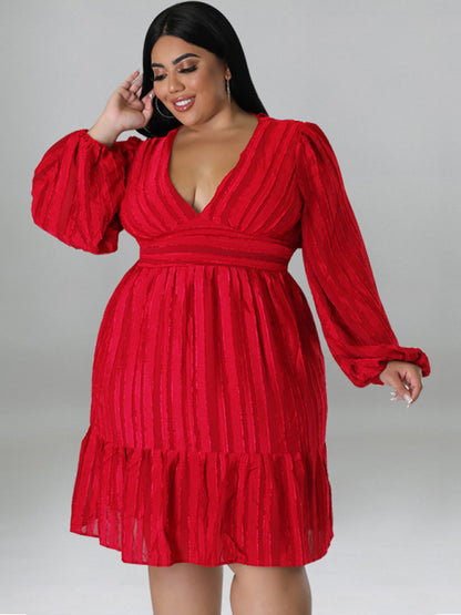 Plus size jacquard V-neck striped long-sleeved dress Red