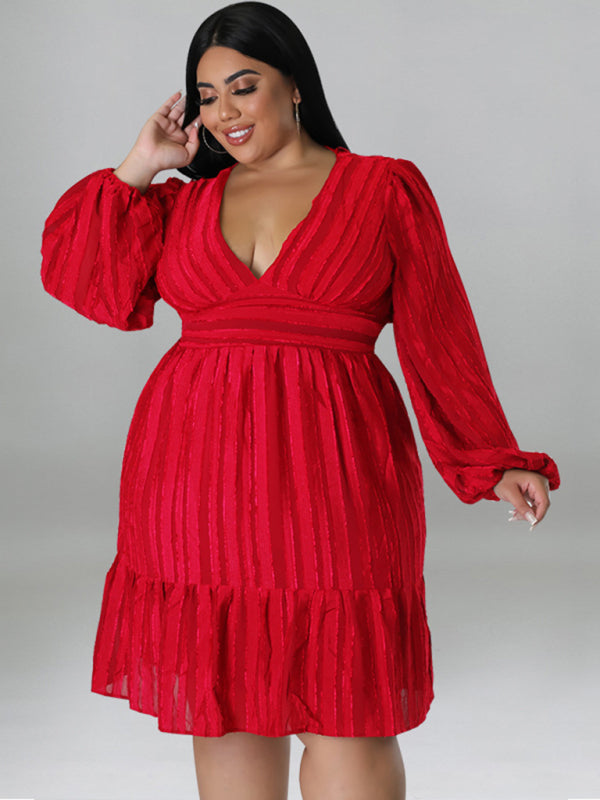 Plus size jacquard V-neck striped long-sleeved dress Red
