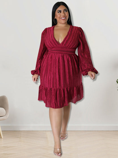 Plus size jacquard V-neck striped long-sleeved dress Wine Red