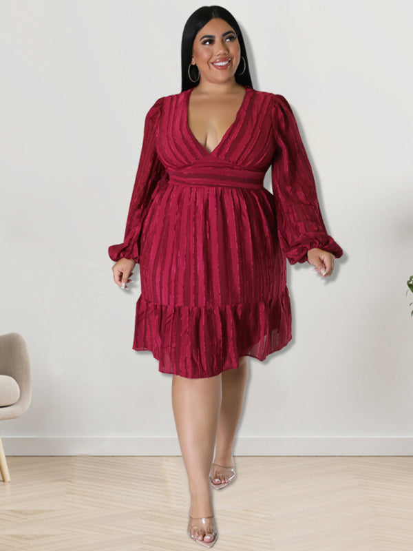 Plus size jacquard V-neck striped long-sleeved dress Wine Red