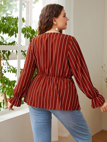Plus size cotton loose striped style stitching lapel foreign style retro temperament commuter shirt