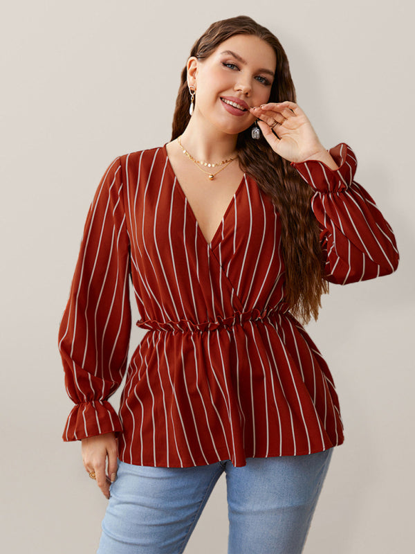 Plus size cotton loose striped style stitching lapel foreign style retro temperament commuter shirt Red