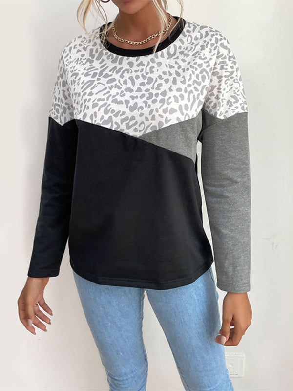 Women's casual style color-block leopard print long-sleeved sweatshirt