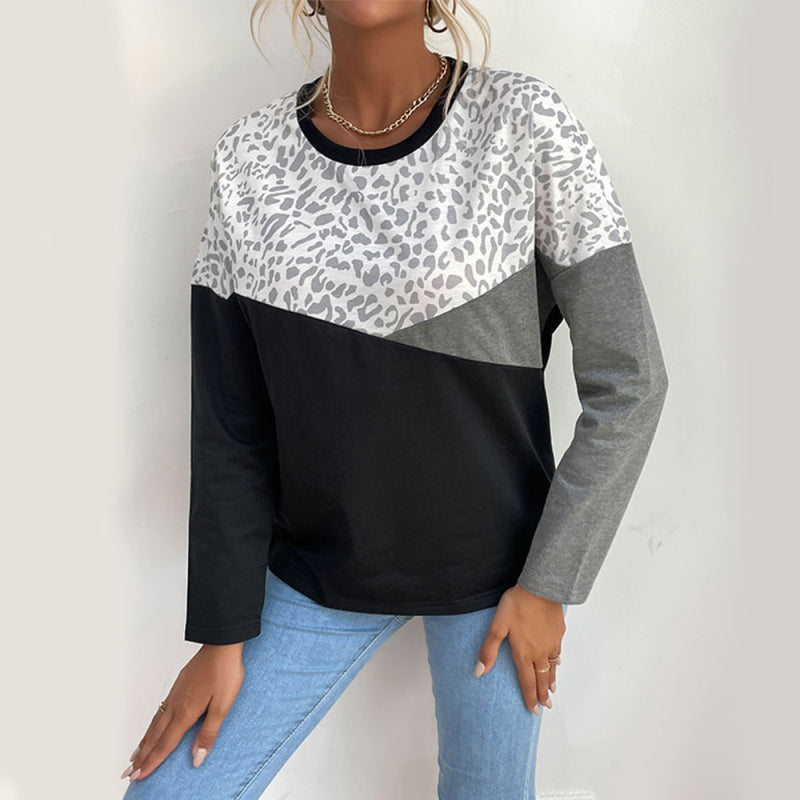 Women's casual style color-block leopard print long-sleeved sweatshirt Black