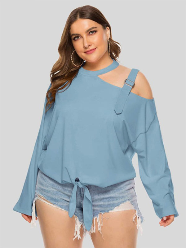 Plus size women's clothing -Shoulder Strap Hollow Bow Long Sleeve Slanted Shoulder T-Shirt Blue