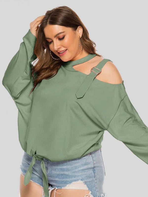 Plus size women's clothing -Shoulder Strap Hollow Bow Long Sleeve Slanted Shoulder T-Shirt Green
