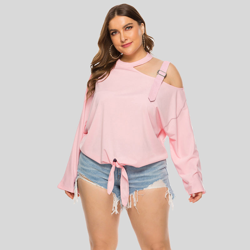 Plus size women's clothing -Shoulder Strap Hollow Bow Long Sleeve Slanted Shoulder T-Shirt Pink