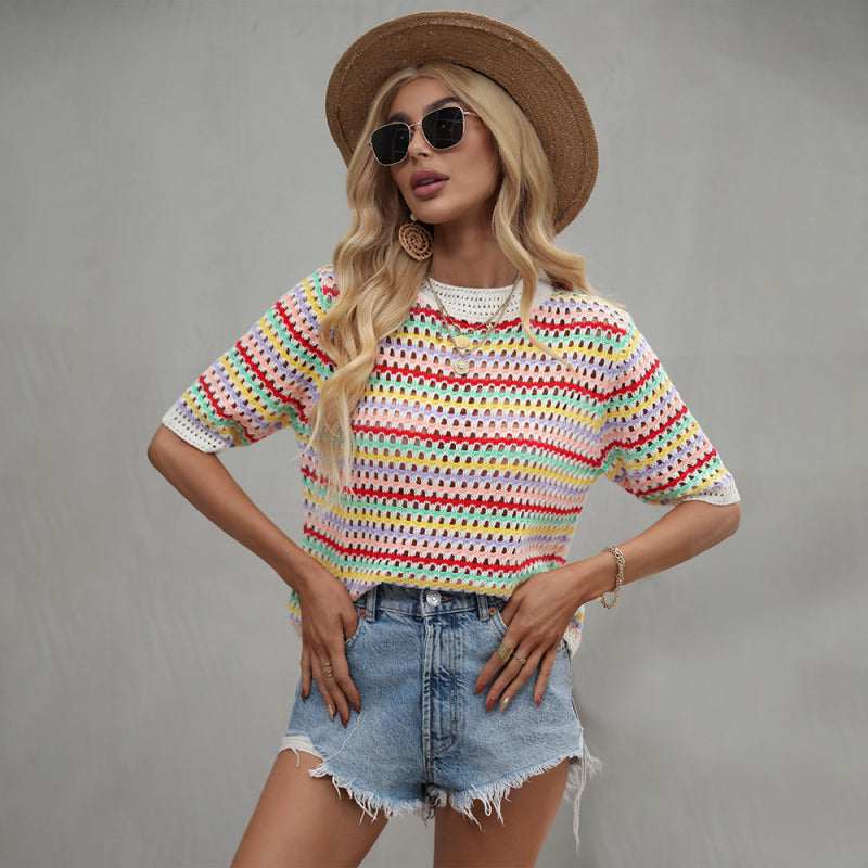 Paneled Hollow Knit Loose Crew Neck Striped Knit Sweater Cracker khaki