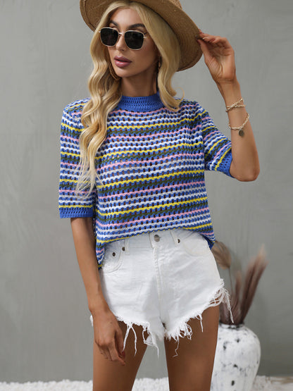 Paneled Hollow Knit Loose Crew Neck Striped Knit Sweater