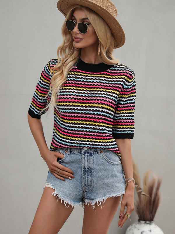 Paneled Hollow Knit Loose Crew Neck Striped Knit Sweater