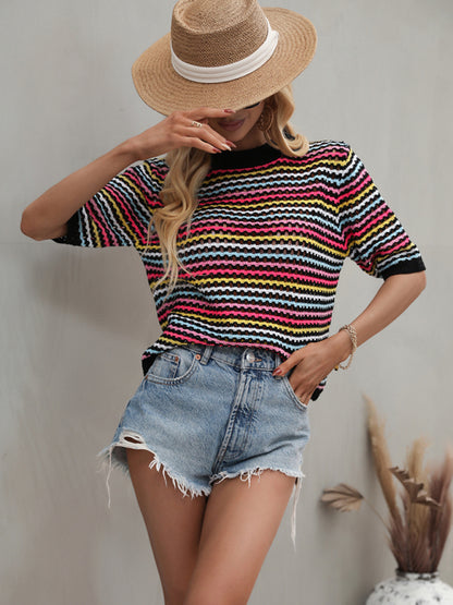 Paneled Hollow Knit Loose Crew Neck Striped Knit Sweater