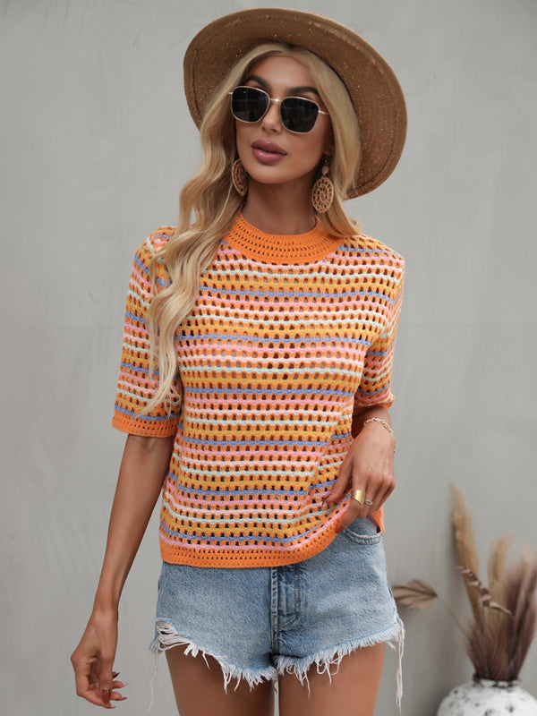 Paneled Hollow Knit Loose Crew Neck Striped Knit Sweater Orange