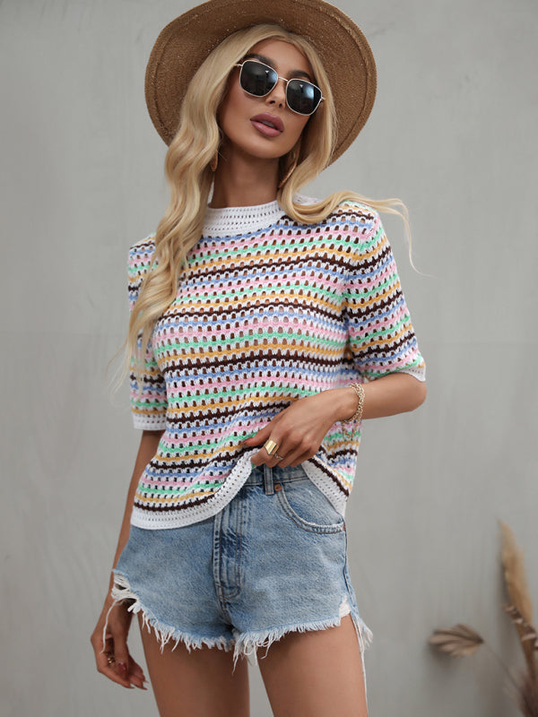 Paneled Hollow Knit Loose Crew Neck Striped Knit Sweater