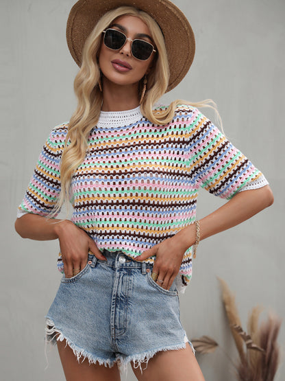 Paneled Hollow Knit Loose Crew Neck Striped Knit Sweater White