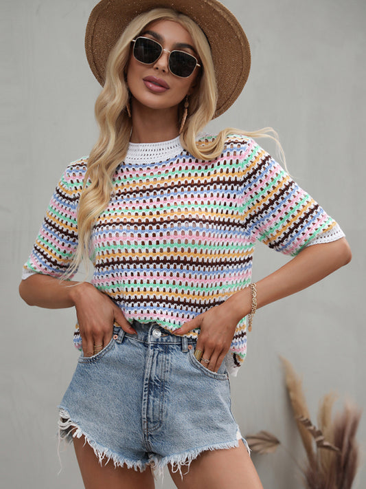 Paneled Hollow Knit Loose Crew Neck Striped Knit Sweater White