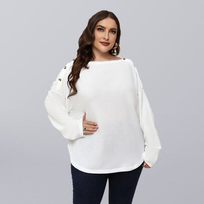 Plus Size Button Shoulder Knit Top Women Casual Long Sleeve Blouse White